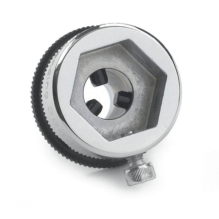 A detailed view of the GEARWRENCH die adapter with a set screw, designed to securely hold both round and hex-shaped dies while maintaining centering during thread cutting.