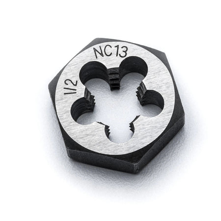 A high-strength solid hex die marked NC13 1/2 from the GEARWRENCH set, designed for cleaning up and repairing damaged external threads on bolts and studs.