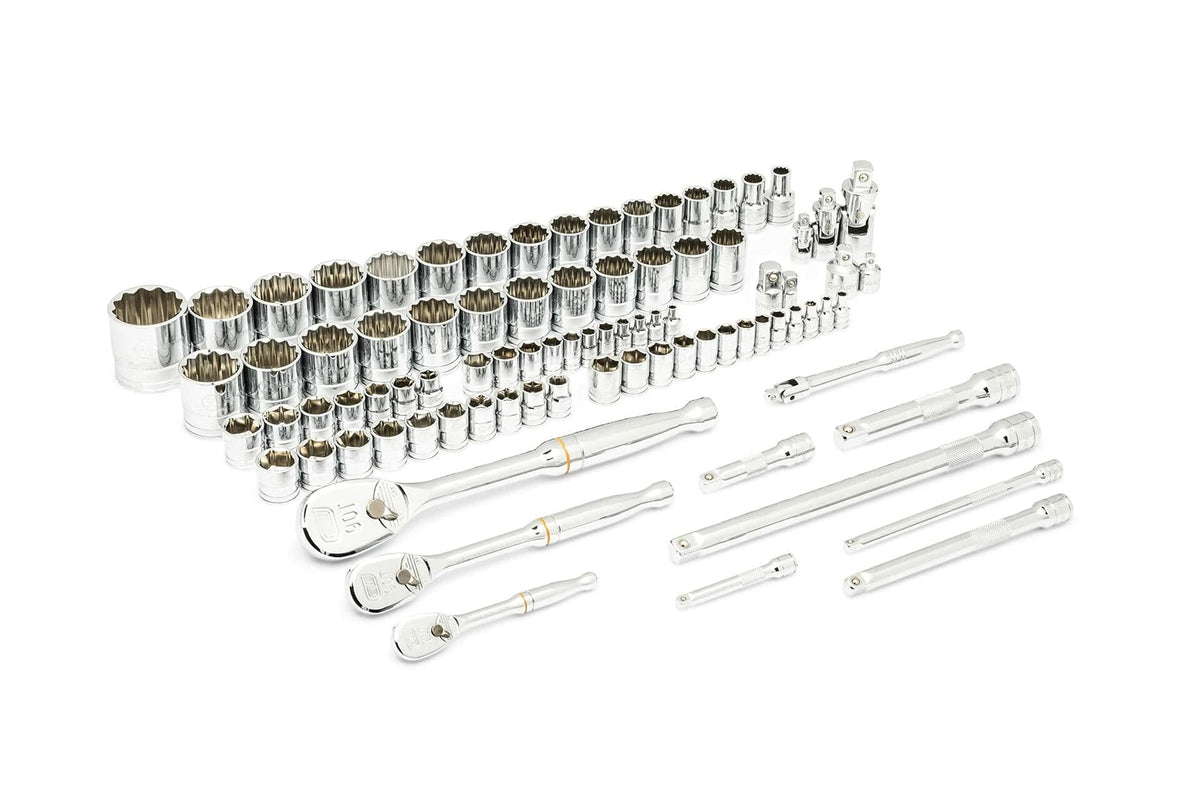 Set of chrome-finished universal joint adapters for socket wrenches. Includes multiple sizes with pivoting joints for angular flexibility. Used to connect sockets to ratchets in tight or awkward spaces. Arranged in two groups by drive size.