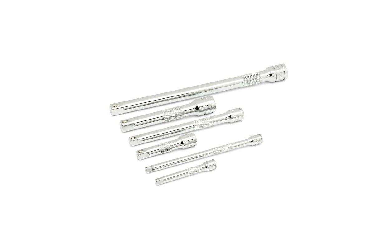 Set of six chrome-finished socket wrench extension bars arranged by length. Each bar features a knurled grip and square drive ends. Designed to extend reach in recessed or tight areas during mechanical or automotive work.