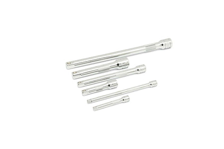 Set of six chrome-finished socket wrench extension bars arranged by length. Each bar features a knurled grip and square drive ends. Designed to extend reach in recessed or tight areas during mechanical or automotive work.