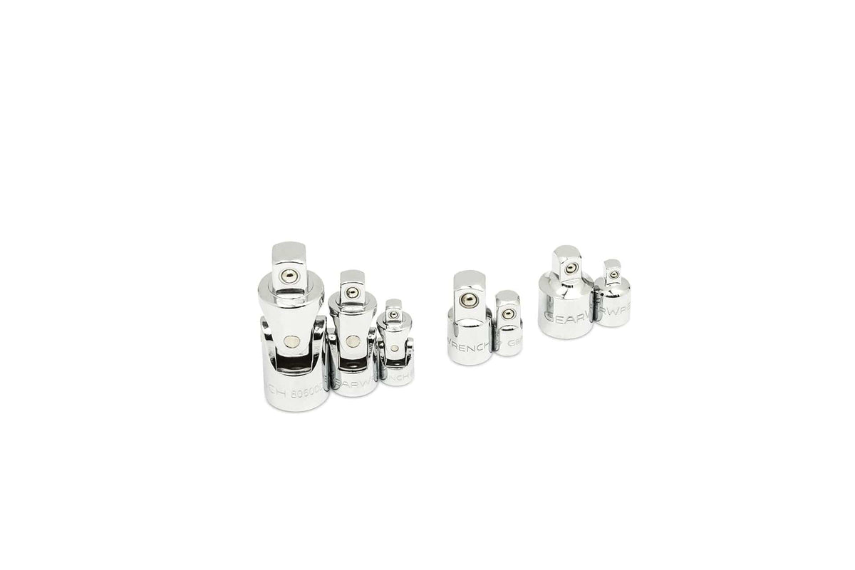Set of chrome-finished universal joint adapters for socket wrenches. Includes multiple sizes with pivoting joints for angular flexibility. Used to connect sockets to ratchets in tight or awkward spaces. Arranged in two groups by drive size.