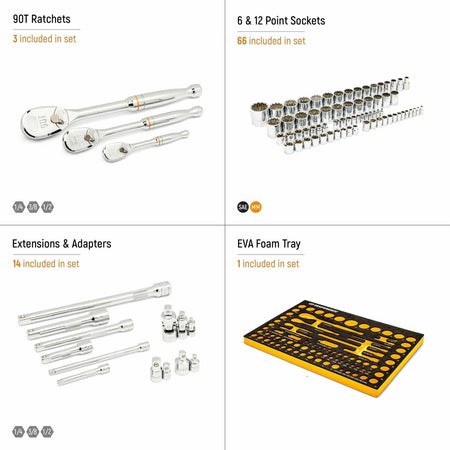 Infographic-style image divided into four quadrants showing components of the GEARWRENCH 83-piece tool set: 90T ratchets (3), 6 & 12-point sockets (66), extensions and adapters (14), and an EVA foam tray (1). Each quadrant includes labeled icons and quantities.