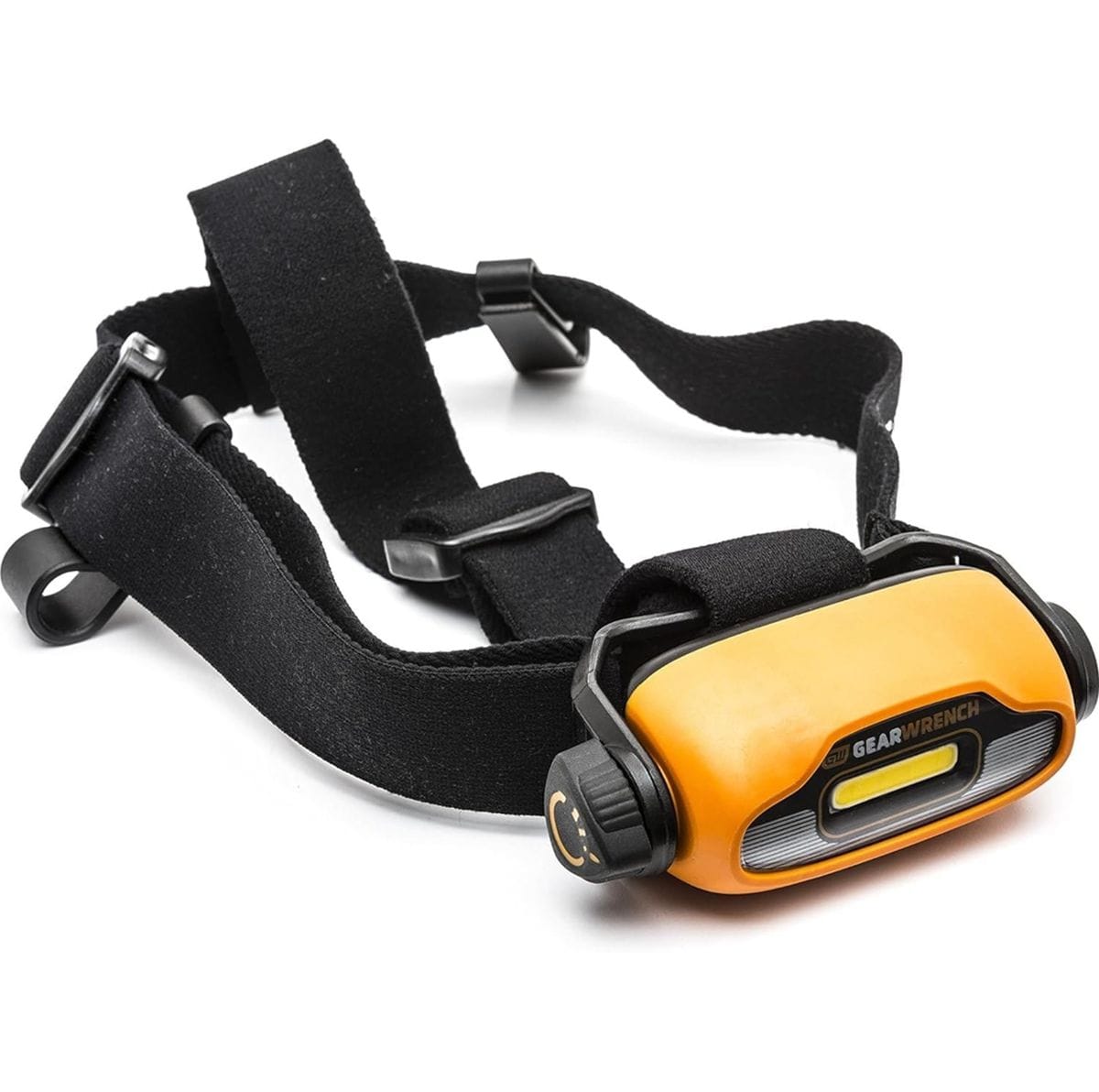 A professional product photograph of the GEARWRENCH 83137 rechargeable LED headlamp featuring an orange and black housing with COB technology and a comfortable, adjustable black head strap.