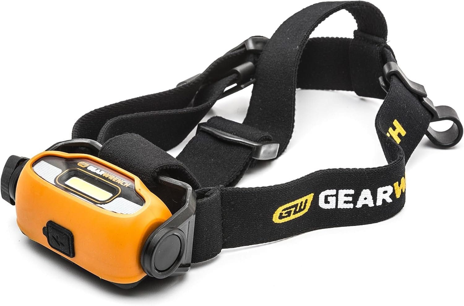 An isometric view of the GEARWRENCH 200 lumen headlamp showing the integrated charging port cover and the dual-strap system designed for secure attachment to professional work helmets.