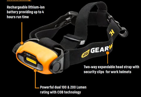 An informational product graphic for the GEARWRENCH 83137 headlamp highlighting its 4-hour run time, powerful dual 100 and 200 lumen COB technology, and expandable head strap with security clips.
