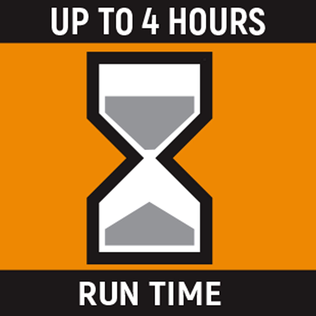 A technical graphic featuring an hourglass icon indicating that the GEARWRENCH rechargeable LED headlamp provides up to 4 hours of professional run time on a single charge.