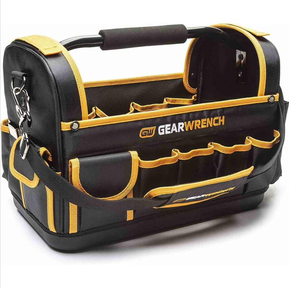 A comprehensive view of the GEARWRENCH 83146 16-inch tool tote bag including callouts for its 20 total pockets, steel tube handle with foam cushioned grip, and durable all-weather construction.