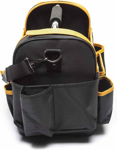 An alternate end-view of the 16-inch GEARWRENCH tool tote showcasing additional high-capacity pockets and the rugged, water-resistant molded base that keeps tools dry on damp surfaces.