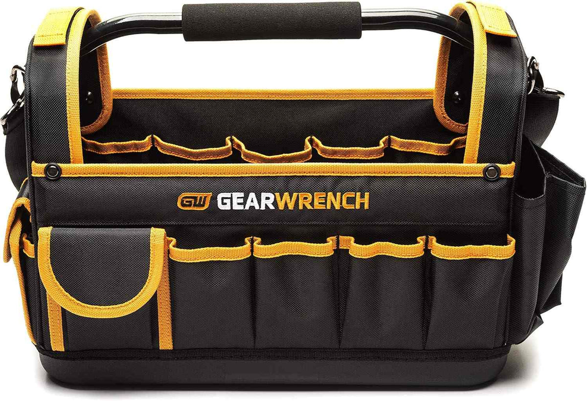 A front-facing studio shot of the GEARWRENCH 83146 16-inch tool tote featuring a black and molten orange polyester body, a reinforced water-resistant bottom, and a padded steel tube handle with multiple external storage pockets.
