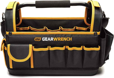 A front-facing studio shot of the GEARWRENCH 83146 16-inch tool tote featuring a black and molten orange polyester body, a reinforced water-resistant bottom, and a padded steel tube handle with multiple external storage pockets.