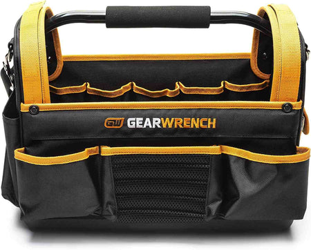 A close-up view of the front of the GEARWRENCH 16-inch tool tote highlighting the embroidered brand logo and the durable mesh and fabric external pockets designed for quick-access tool organization.