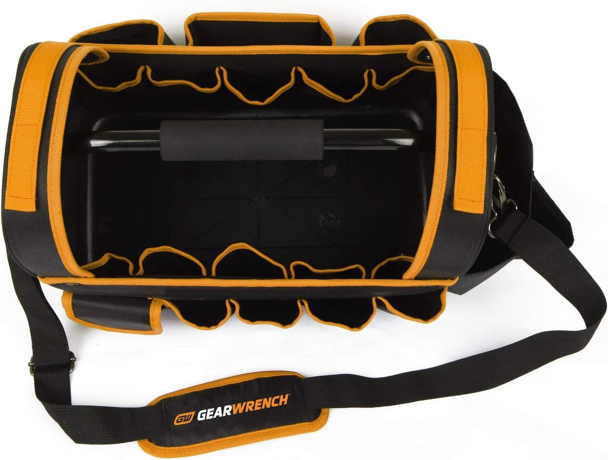 A top-down interior view of the GEARWRENCH 83146 tool tote showing the large main compartment with 10 internal pockets and the included adjustable padded shoulder strap for comfortable transport.