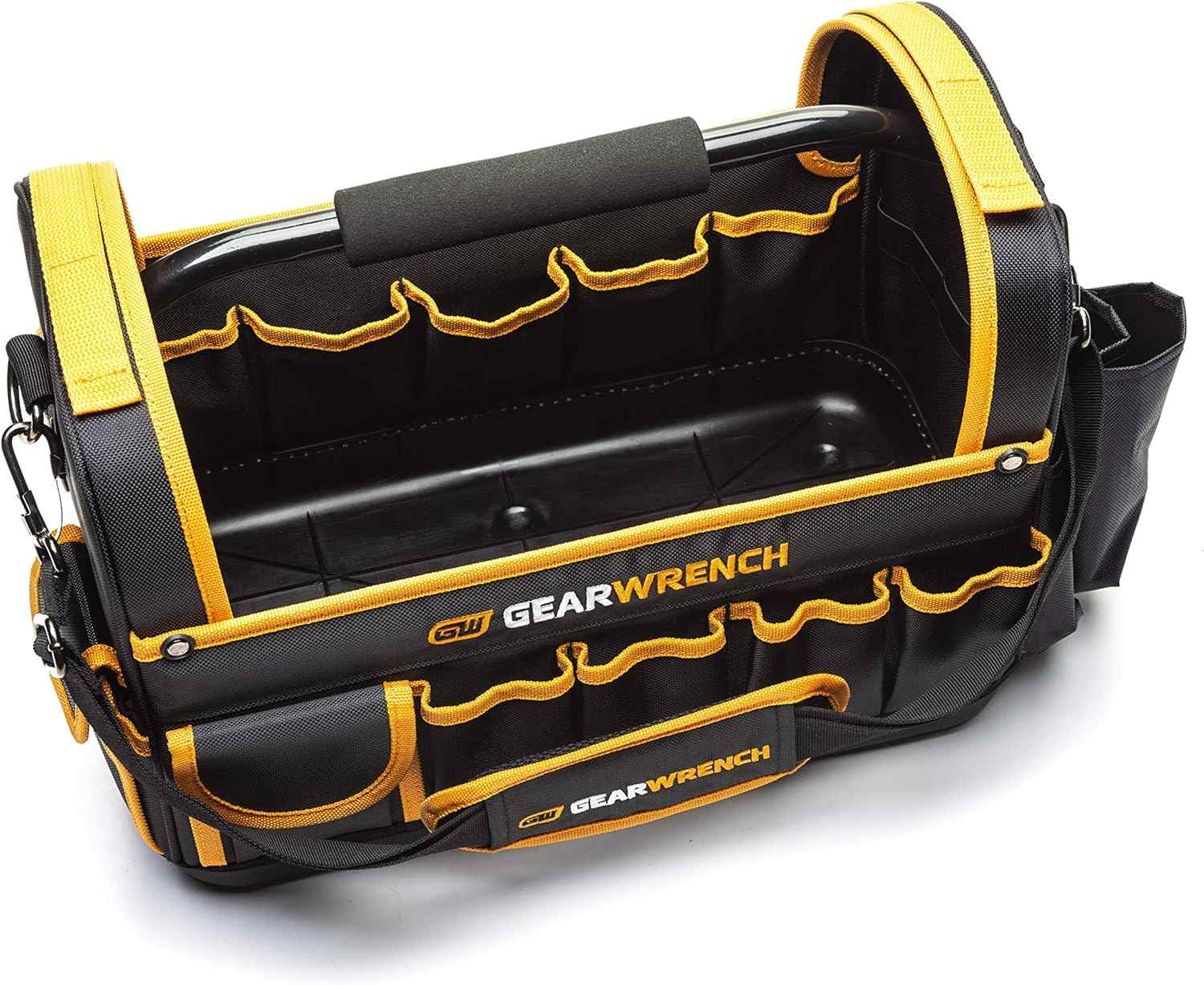 An angled interior view of the GEARWRENCH tool tote demonstrating the spacious open-top design and the solid reinforced base that provides stability and protection for hand tools and equipment.