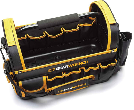 An angled interior view of the GEARWRENCH tool tote demonstrating the spacious open-top design and the solid reinforced base that provides stability and protection for hand tools and equipment.