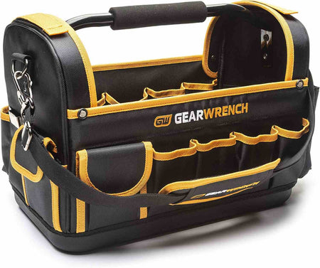 A perspective view of the GEARWRENCH 16-inch metal handled tool tote showcasing the heavy-duty stitching and all-weather material construction suitable for professional automotive and industrial environments.