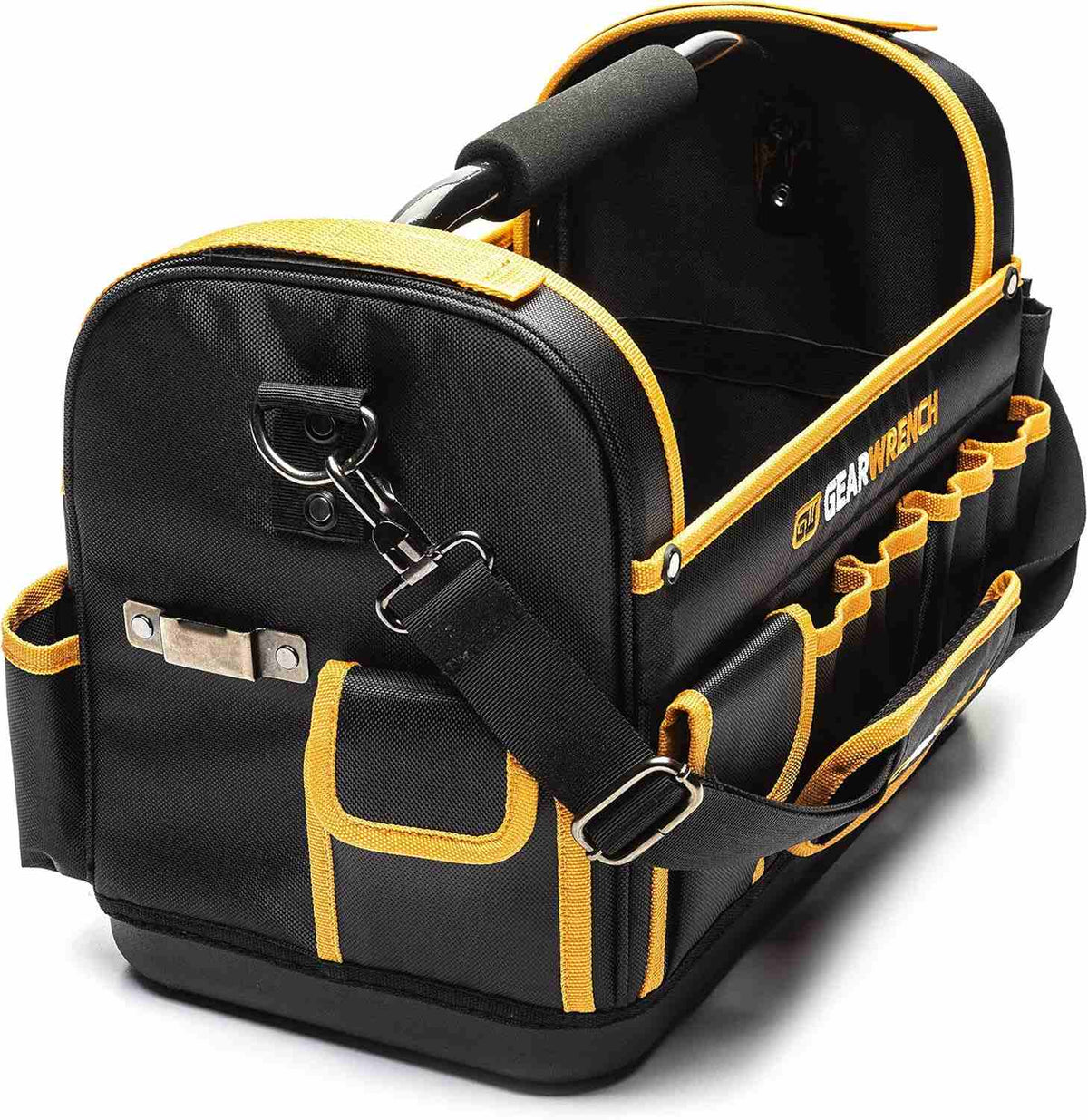 A side profile of the GEARWRENCH 83146 tote highlighting the secure metal D-rings and swivel hooks used to attach the removable 42-inch adjustable padded shoulder strap.