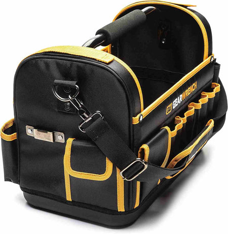 A side profile of the GEARWRENCH 83146 tote highlighting the secure metal D-rings and swivel hooks used to attach the removable 42-inch adjustable padded shoulder strap.