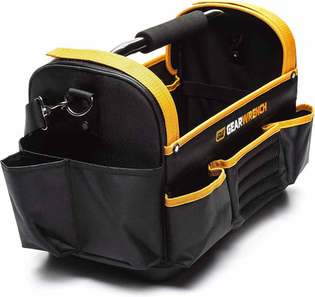 An end-view of the molten orange and black GEARWRENCH tool bag featuring specialized side pockets and industrial-grade reinforcement in critical high-wear areas.