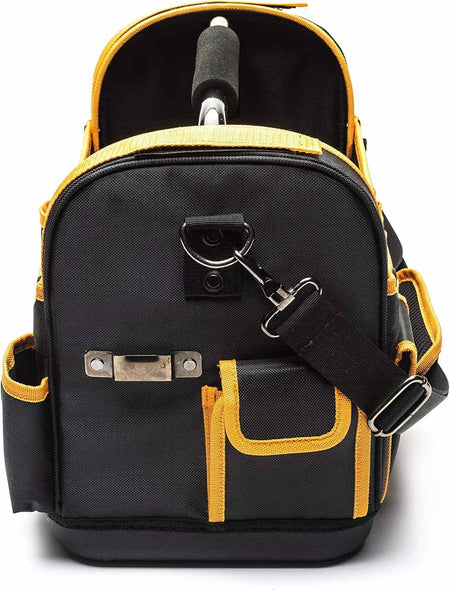A detailed close-up of the end panel of the GEARWRENCH tool tote showing a dedicated metal measuring tape clip and reinforced external pockets for vertical tool storage.