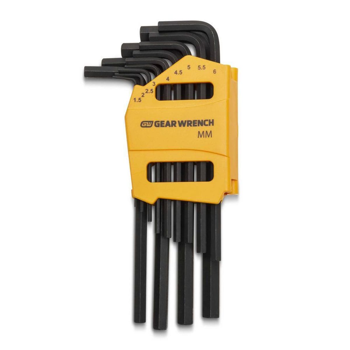 The GEARWRENCH 83503 13-piece metric long arm hex key set organized in its high-visibility yellow plastic storage caddy showing Allen wrench sizes 1.5mm to 6mm.