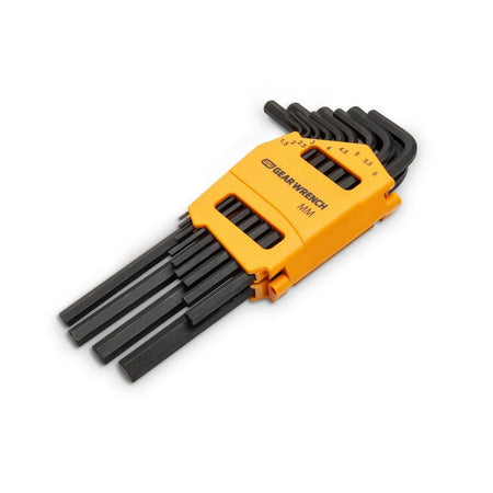 Angled view of the GEARWRENCH 13-piece metric hex key set in its labeled storage caddy, showcasing the durable black oxide finish on the alloy steel Allen wrenches.