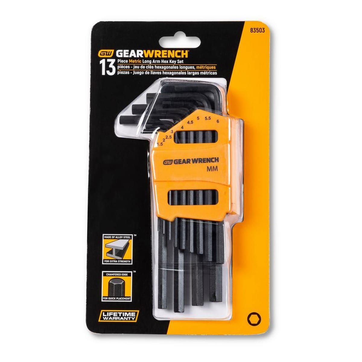 Retail carded packaging for the GEARWRENCH 83503 13-piece metric long arm hex key set highlighting the alloy steel construction, chamfered edges, and lifetime warranty.