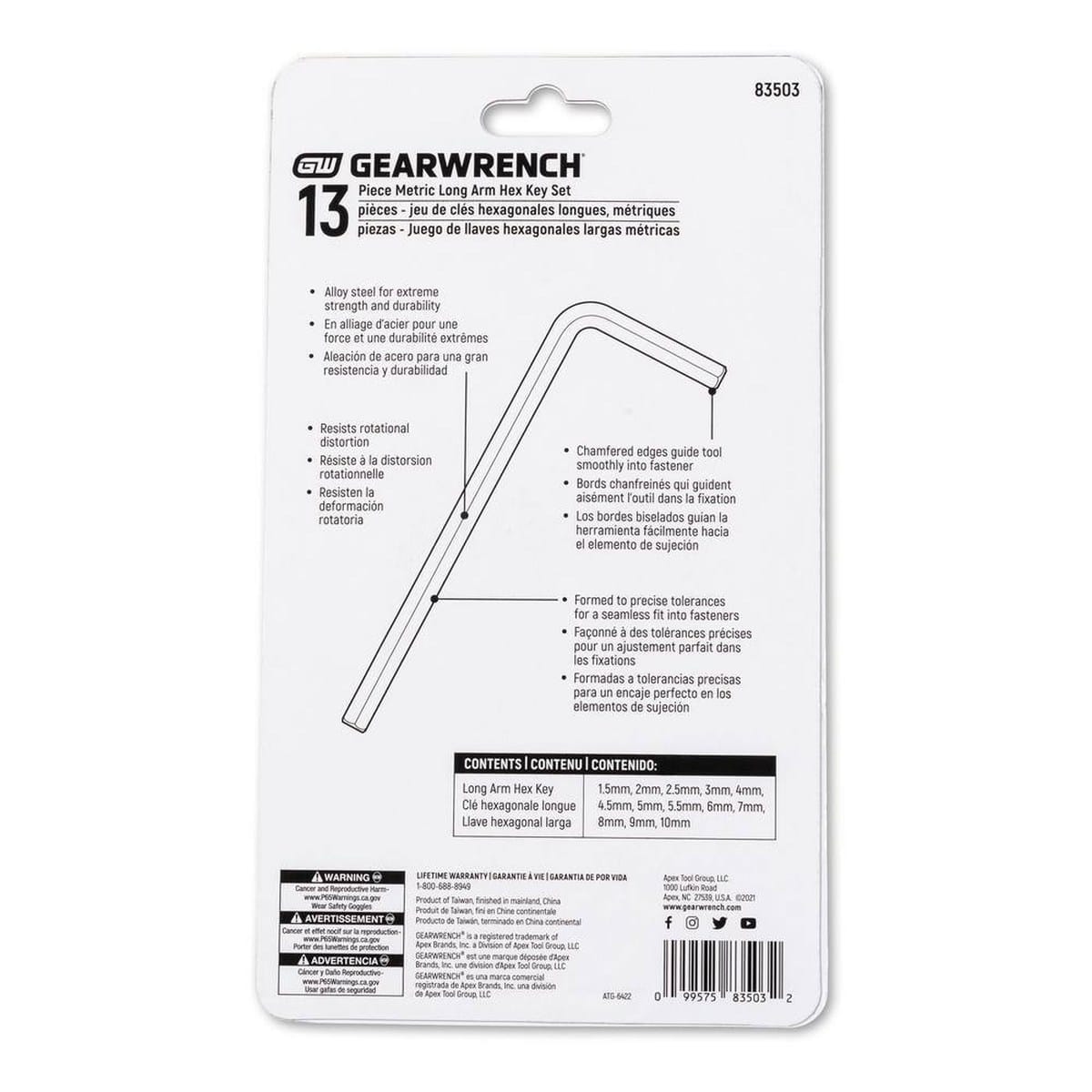 The back of the GEARWRENCH 83503 retail packaging detailing the metric long arm hex key features, including resistance to rotational distortion and a list of included sizes.
