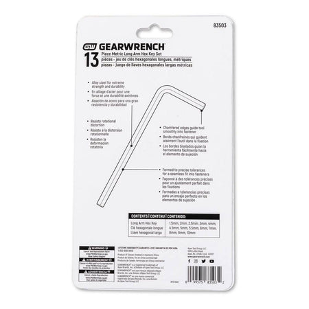 The back of the GEARWRENCH 83503 retail packaging detailing the metric long arm hex key features, including resistance to rotational distortion and a list of included sizes.