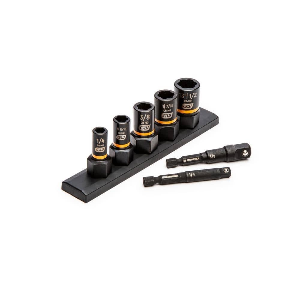 Complete GEARWRENCH 83911 7-Piece SAE Bolt Biter impact extraction socket set, featuring five sockets and two adapters organized on a black storage rail.