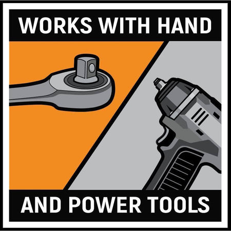 Graphic illustration highlighting the versatile dual-drive design of the GEARWRENCH Bolt Biter impact extraction socket set, indicating compatibility with both hand ratchets and power impact tools for damaged fastener removal.