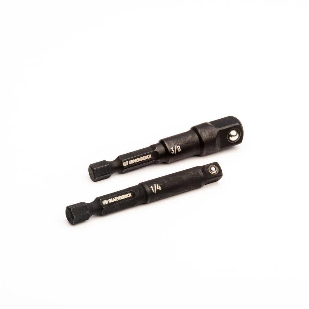 Close-up view of the 1/4-inch and 3/8-inch heavy-duty impact drive adapters included in the GEARWRENCH 83911 Bolt Biter damaged fastener extraction socket set.