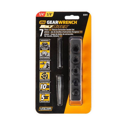 Front view of the retail packaging for the GEARWRENCH 83911 7-Piece SAE Rescue Extraction Socket Set, displaying the tools and listing their primary damaged fastener removal benefits.