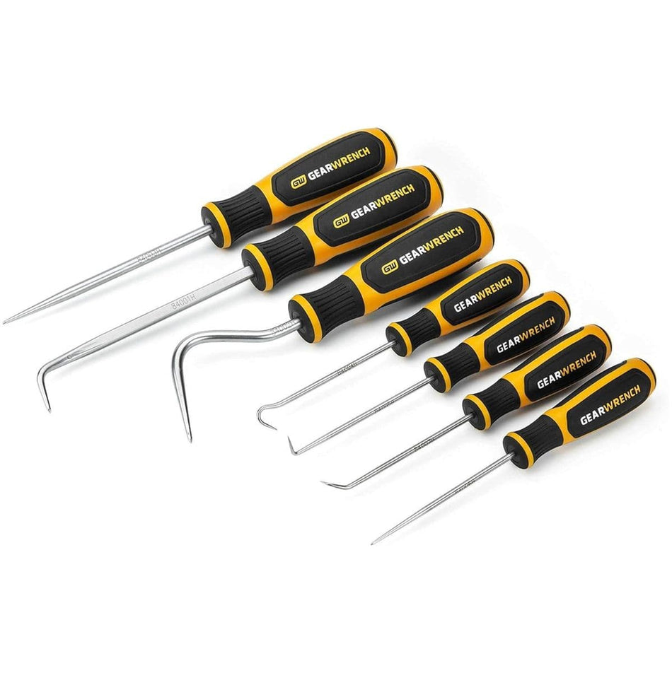 The complete GEARWRENCH 84000H 7-piece auto mechanic hook and pick hand tool set, displaying various full polish alloy steel blades and ergonomic tri-lobe dual-material handles against a clean white background.