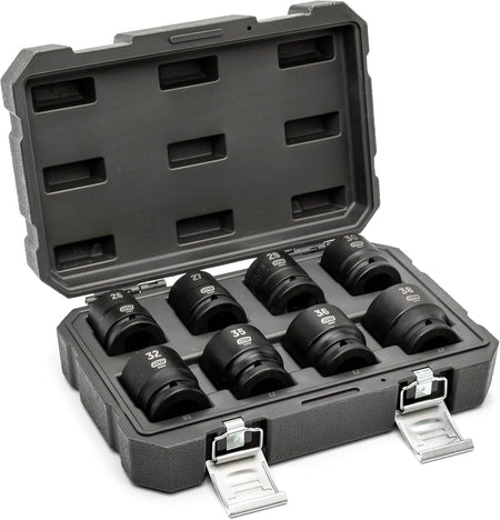 An open heavy-duty blow-molded case displaying the complete GEARWRENCH 84030 8-piece 3/4 inch drive 6-point shallow metric impact socket set, featuring black Cr-Mo steel sockets with highly visible size markings.