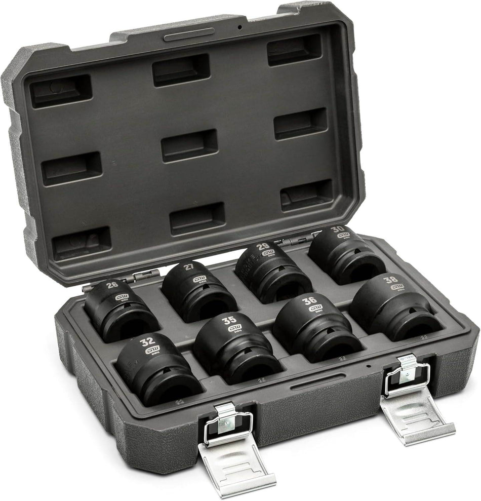An open heavy-duty blow-molded case displaying the complete GEARWRENCH 84030 8-piece 3/4 inch drive 6-point shallow metric impact socket set, featuring black Cr-Mo steel sockets with highly visible size markings.