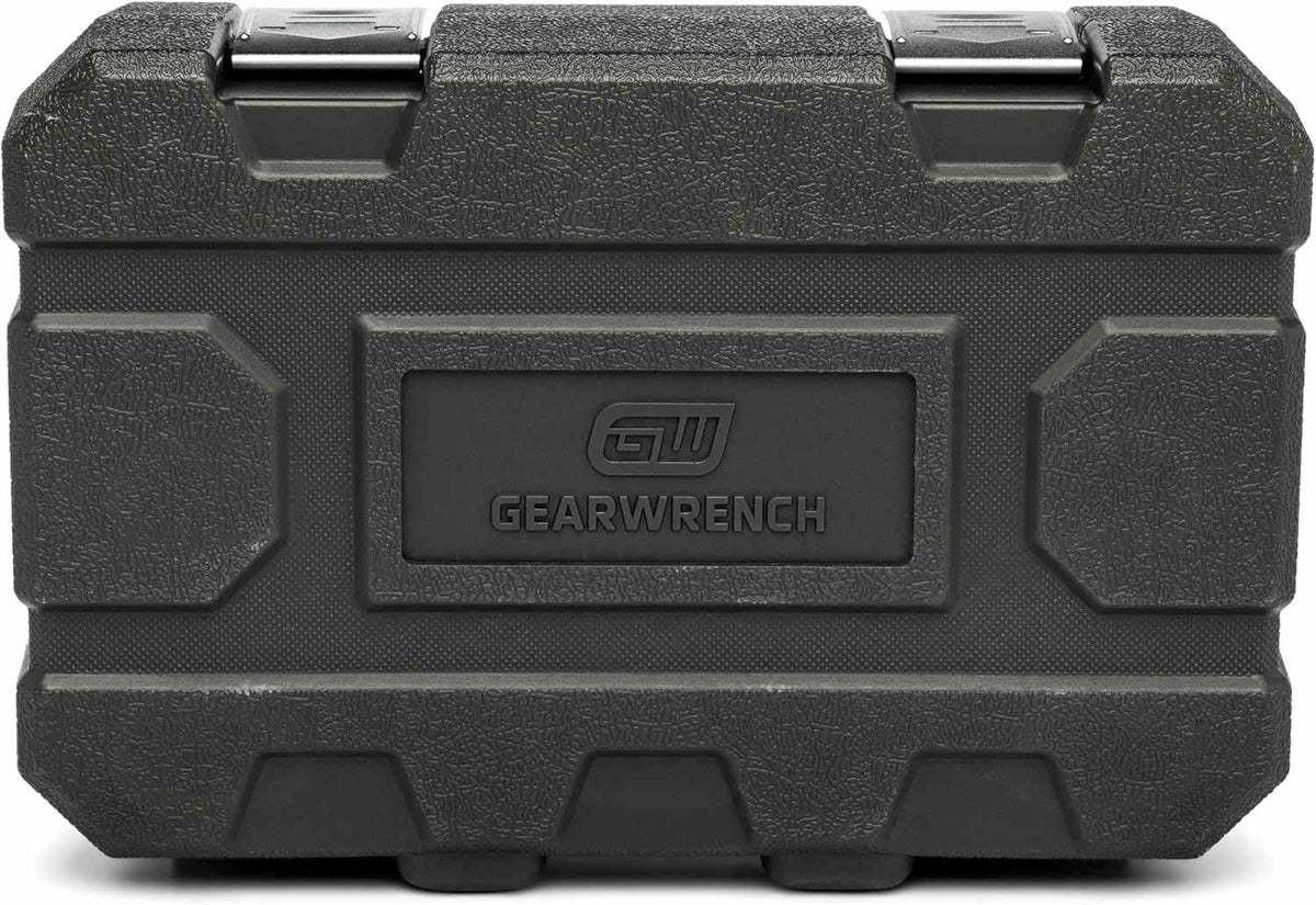 The rugged grey blow-molded storage case for the GEARWRENCH 8-piece metric impact socket set, shown closed with secure metal latches and the GEARWRENCH brand logo embossed clearly on the front.