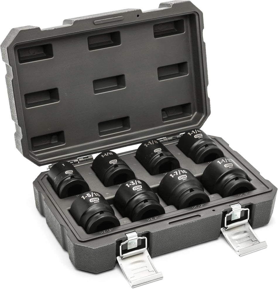 An open GEARWRENCH blow-molded storage case containing an 8-piece SAE impact socket set. The black 3/4-inch drive sockets are neatly organized, showing large high-visibility size markings ranging from 1 inch to 1.5 inches, ideal for professional industrial and automotive maintenance.