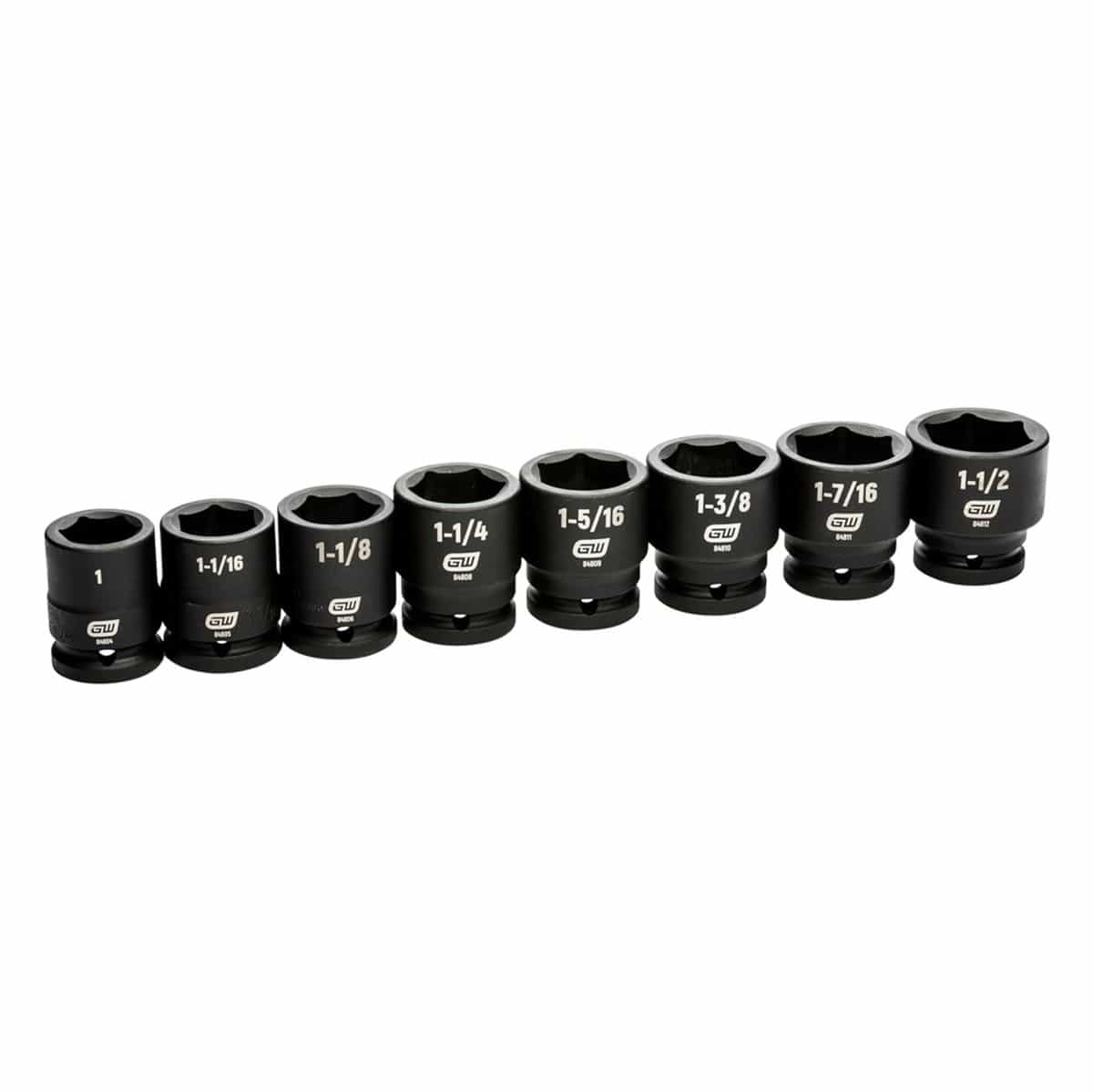 A row of eight GEARWRENCH 3/4-inch drive 6-point SAE impact sockets arranged by size. The image displays the standard shallow depth design and the premium black manganese phosphate finish of each Chrome Molybdenum steel socket, highlighting the professional-grade construction.