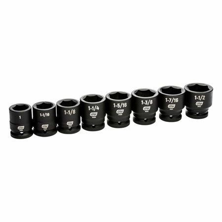 A row of eight GEARWRENCH 3/4-inch drive 6-point SAE impact sockets arranged by size. The image displays the standard shallow depth design and the premium black manganese phosphate finish of each Chrome Molybdenum steel socket, highlighting the professional-grade construction.