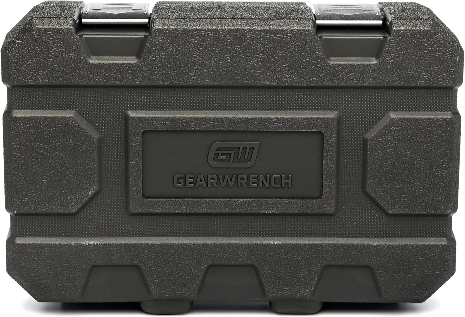 A closed view of the GEARWRENCH heavy-duty blow-molded storage case for the 84034 socket set. The dark gray textured case features the embossed GEARWRENCH logo and durable metal latches, designed to protect professional tools in extreme jobsite conditions.