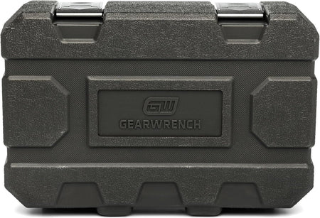 A closed view of the GEARWRENCH heavy-duty blow-molded storage case for the 84034 socket set. The dark gray textured case features the embossed GEARWRENCH logo and durable metal latches, designed to protect professional tools in extreme jobsite conditions.