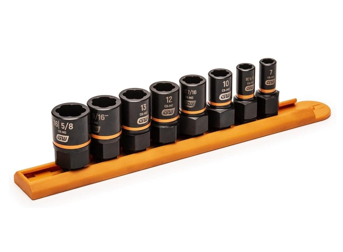 The 8-piece GEARWRENCH Bolt Biter socket set, with sizes ranging from 7mm to 16mm, organized on an orange socket rail.