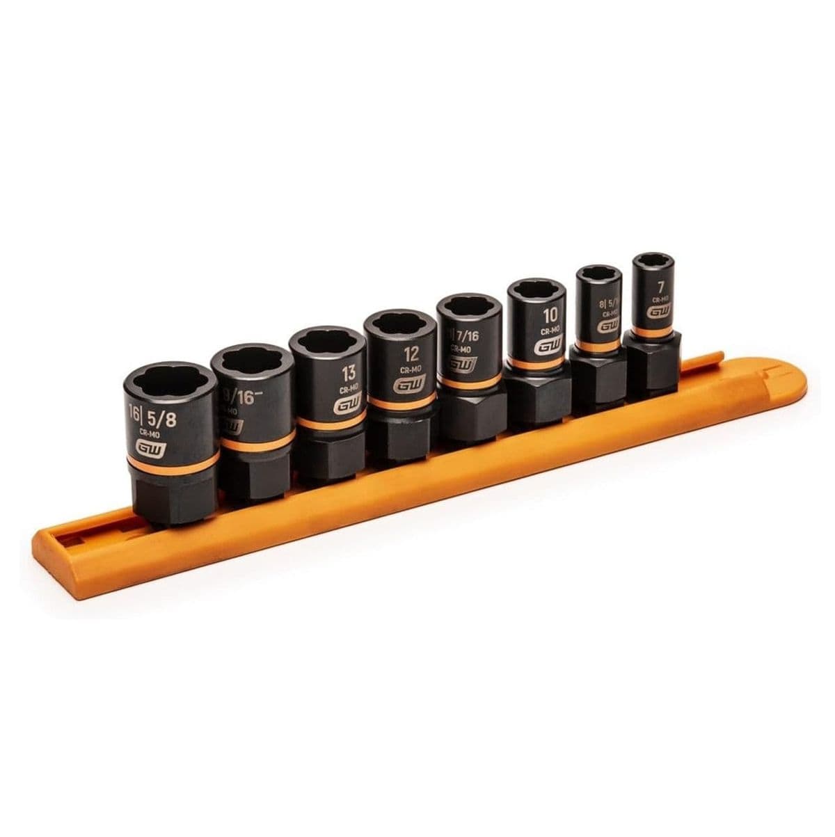 The 8-piece GEARWRENCH Bolt Biter socket set, with sizes ranging from 7mm to 16mm, organized on an orange socket rail.