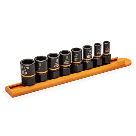 The 8-piece GEARWRENCH Bolt Biter socket set, with sizes ranging from 7mm to 16mm, organized on an orange socket rail.
