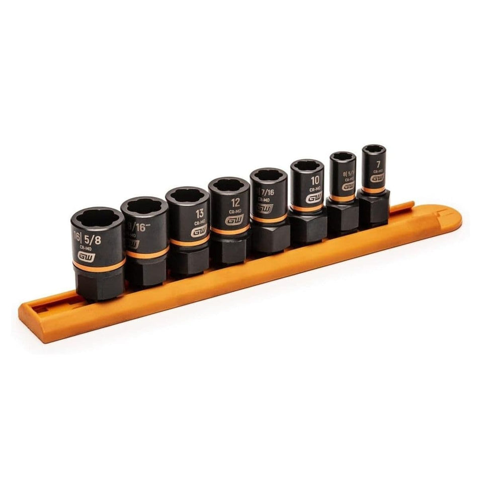 The 8-piece GEARWRENCH Bolt Biter socket set, with sizes ranging from 7mm to 16mm, organized on an orange socket rail.