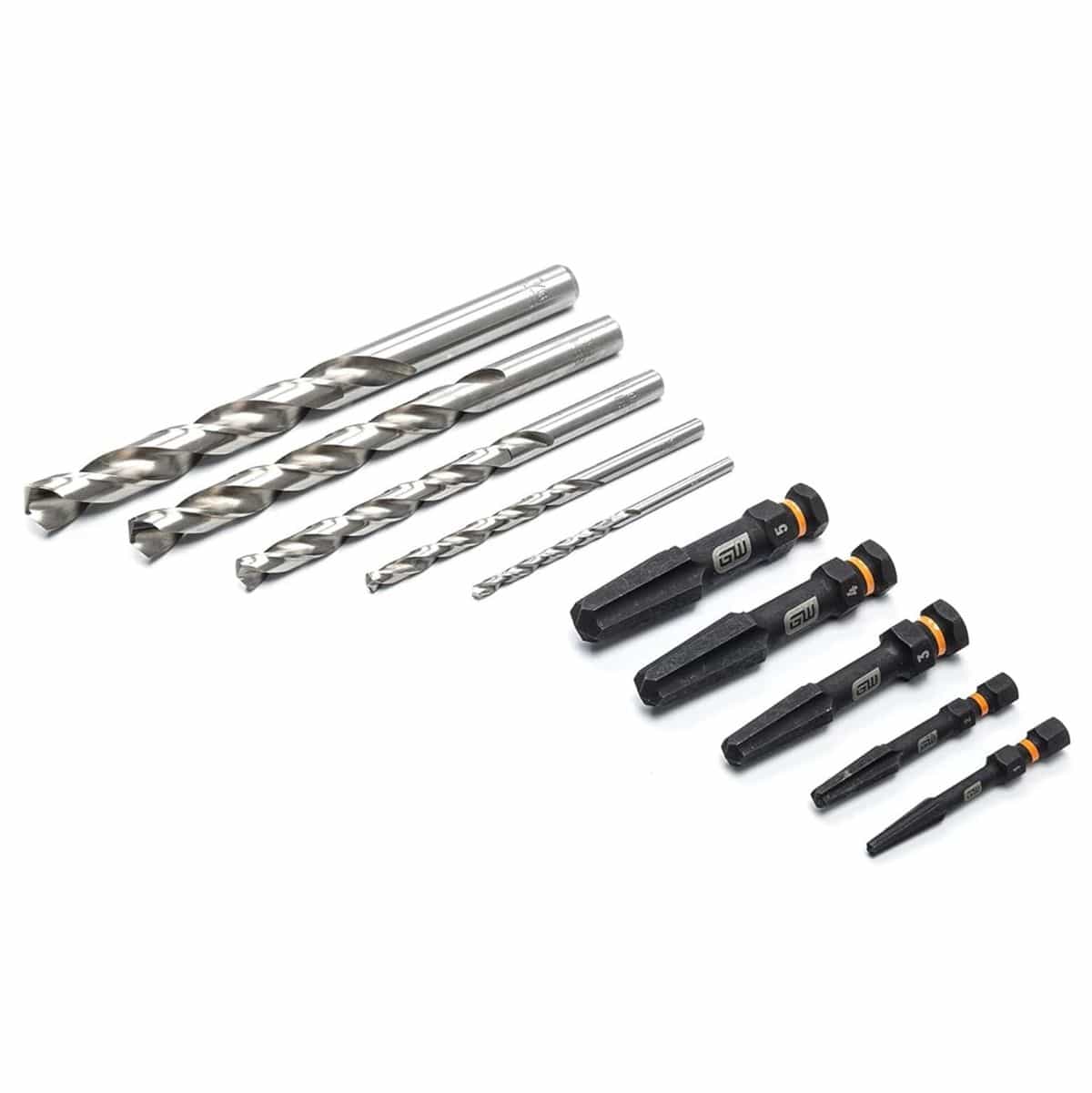 A comprehensive product shot of the GEARWRENCH 84786 Bolt Biter 10-piece set featuring five high-strength steel screw extractors and five matching industrial drill bits laid out on a white background.