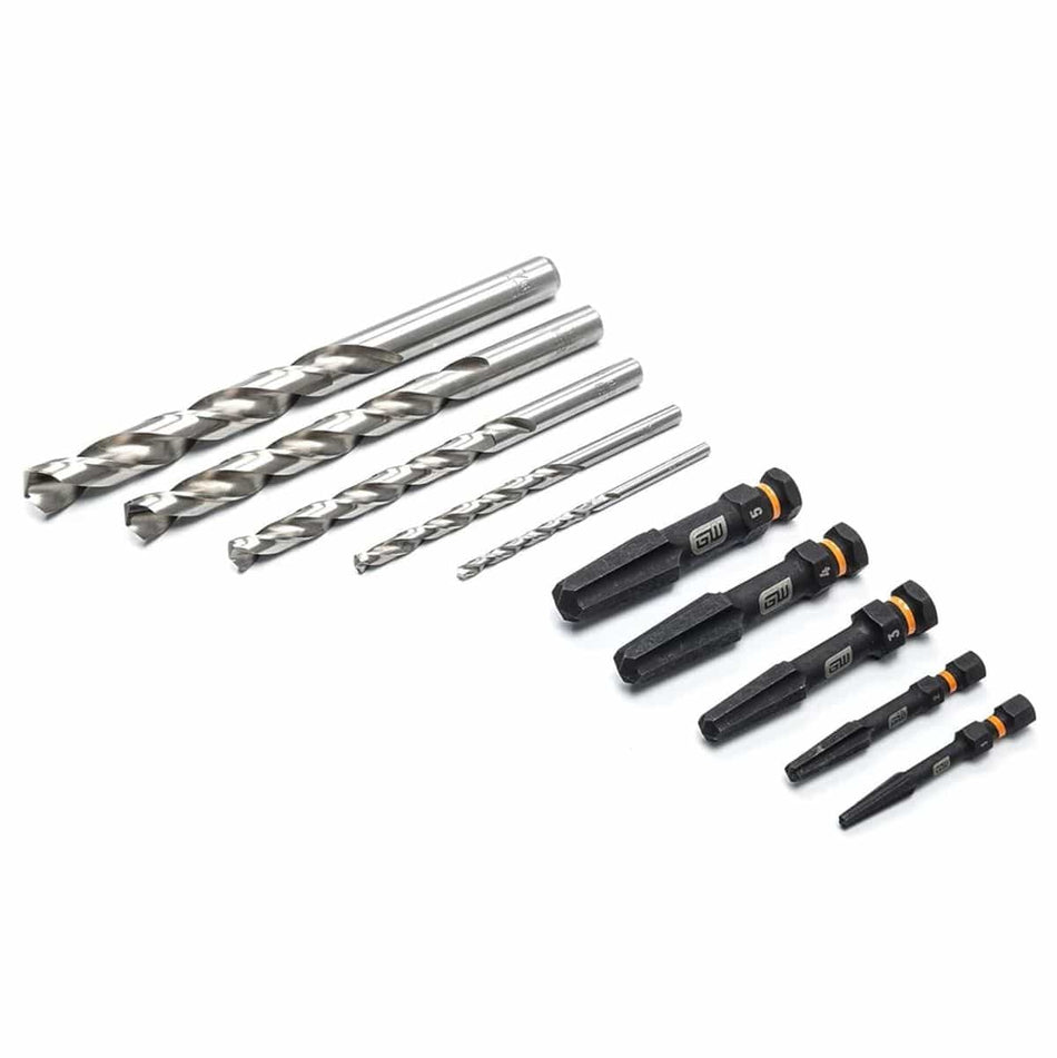 A comprehensive product shot of the GEARWRENCH 84786 Bolt Biter 10-piece set featuring five high-strength steel screw extractors and five matching industrial drill bits laid out on a white background.