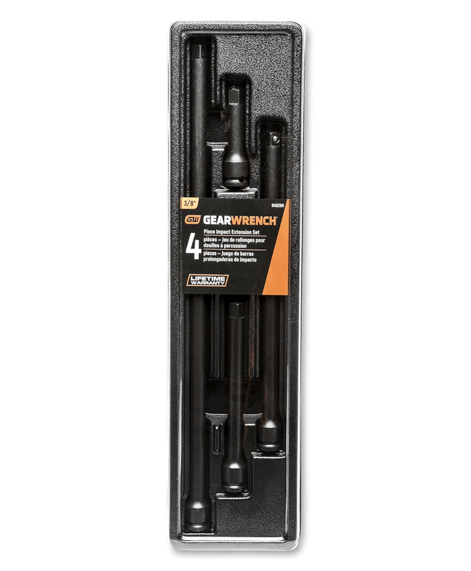 The GEARWRENCH 4-piece 3/8" drive impact extension set (84926N) displayed in its clear plastic packaging, showing the different lengths of extensions.