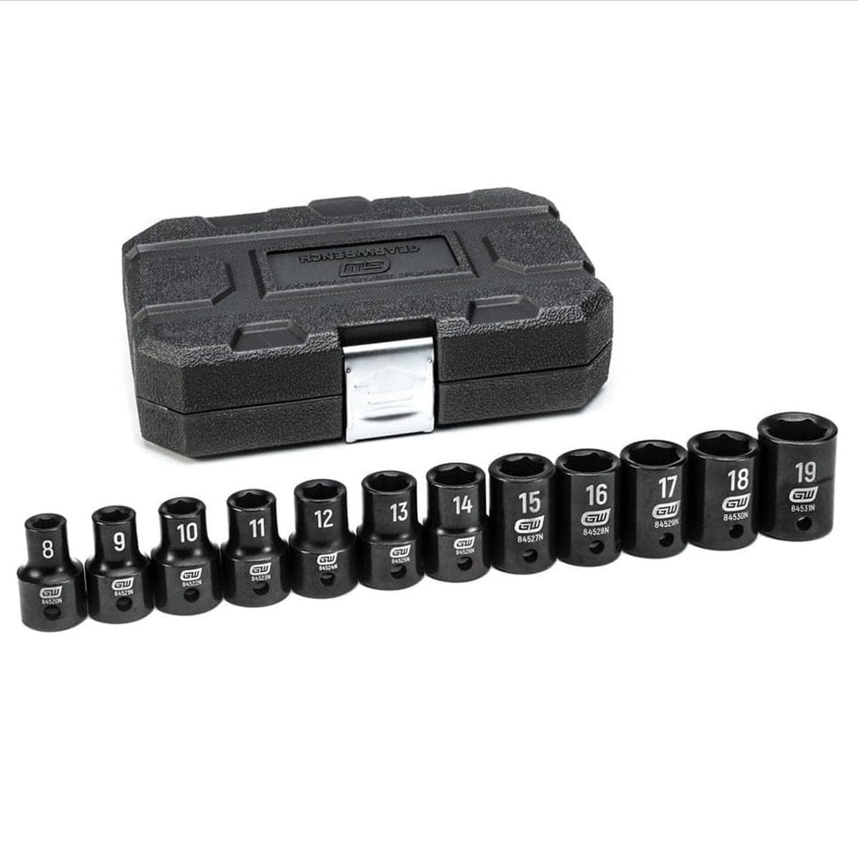 A row of 12 black metric impact sockets, from 8mm to 19mm, lined up in front of the closed black GEARWRENCH blow mold case.